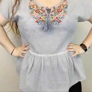 Sonoma Boho Striped Floral Embroidered Blouse